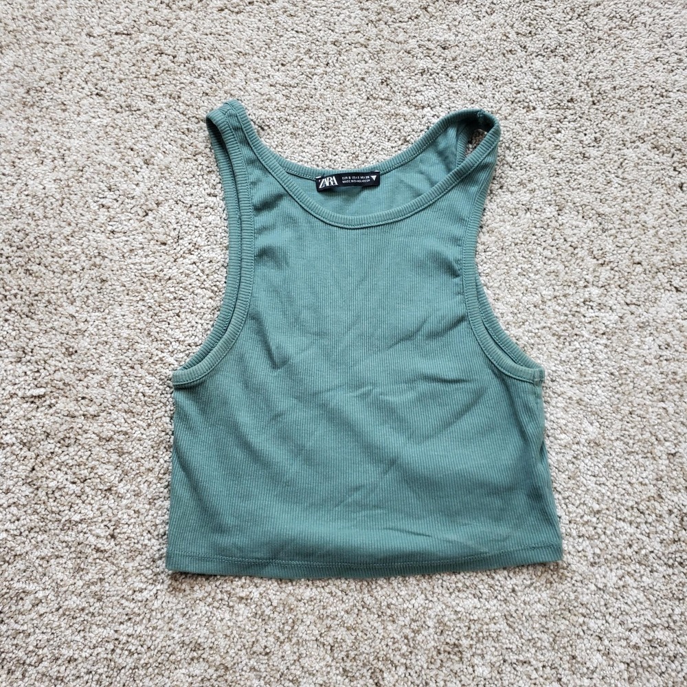 ZARA Tank Womens S Green Cropped Ribbed Stretch Slim Crew Neck Casual Shirt